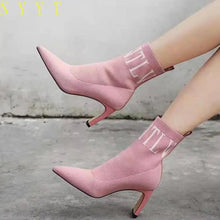 Plus Size 35-43 New Ladies Ankle Boots Women High Heels Fashion Party Shoes Pointed Toe Knitted Pattern Breathable Sock Booties
