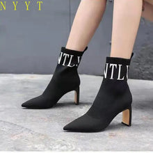 Plus Size 35-43 New Ladies Ankle Boots Women High Heels Fashion Party Shoes Pointed Toe Knitted Pattern Breathable Sock Booties