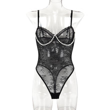 Hand Stitched Pearl Stitching Lace Sexy Lingerie Valentine Day Sling See through Jumpsuit Women