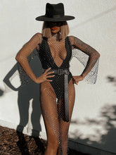 Y2K Sexy Shiny Rhinestones Grid Fishnet Dress Long Sleeve Hollow Out Side Slit Dress Beach Cover Up Breathable Lady Vestidos