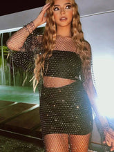 Y2K Sexy Shiny Rhinestones Grid Fishnet Dress Long Sleeve Hollow Out Side Slit Dress Beach Cover Up Breathable Lady Vestidos