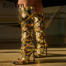 Eilyken Ins Style Runway Gemstone Crystal Stilettos Heels Women Knee-High Boots Zip Sexy Pointed Toe Stripper Botas De Mujer