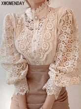 Women Chiffon Button Turtleneck Shirt Chic Elegant Floral Lace Fluffy Long Sleeve Top Fashion Hollow Oversize White Blouse 2023