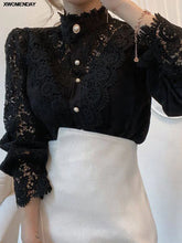 Women Chiffon Button Turtleneck Shirt Chic Elegant Floral Lace Fluffy Long Sleeve Top Fashion Hollow Oversize White Blouse 2023