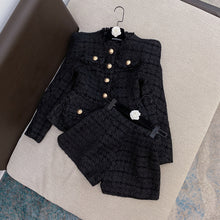 Autumn Winter Chanel-Style White Shiner Tweed Coat Jacket Shorts Suit Two-Piece Set