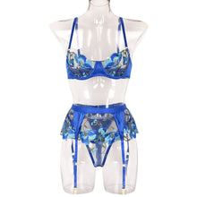 Sexy Lingerie Set Floral Embroidery Three-Piece Set with Steel Ring Holy Blue Goddess