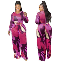 Plus Size Women Clothes Autumn Casual Printed Wide-Leg Pants Suit Knitted Long-Sleeve Suit