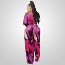 Plus Size Women Clothes Autumn Casual Printed Wide-Leg Pants Suit Knitted Long-Sleeve Suit