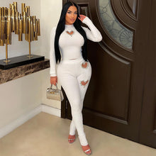 Two Piece Suit Autumn Winter Long Sleeve Hollow Out Cutout Love Rhinestone Sexy Pants Suit