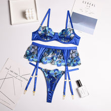 Sexy Lingerie Set Floral Embroidery Three-Piece Set with Steel Ring Holy Blue Goddess