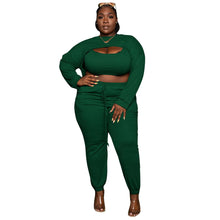 Plus Size Women Clothing Fashion Sexy Chest Opening Hollow Out Cutout Fashion Sexy Solid Color Suit Sunken Stripe Three-Piece Set
